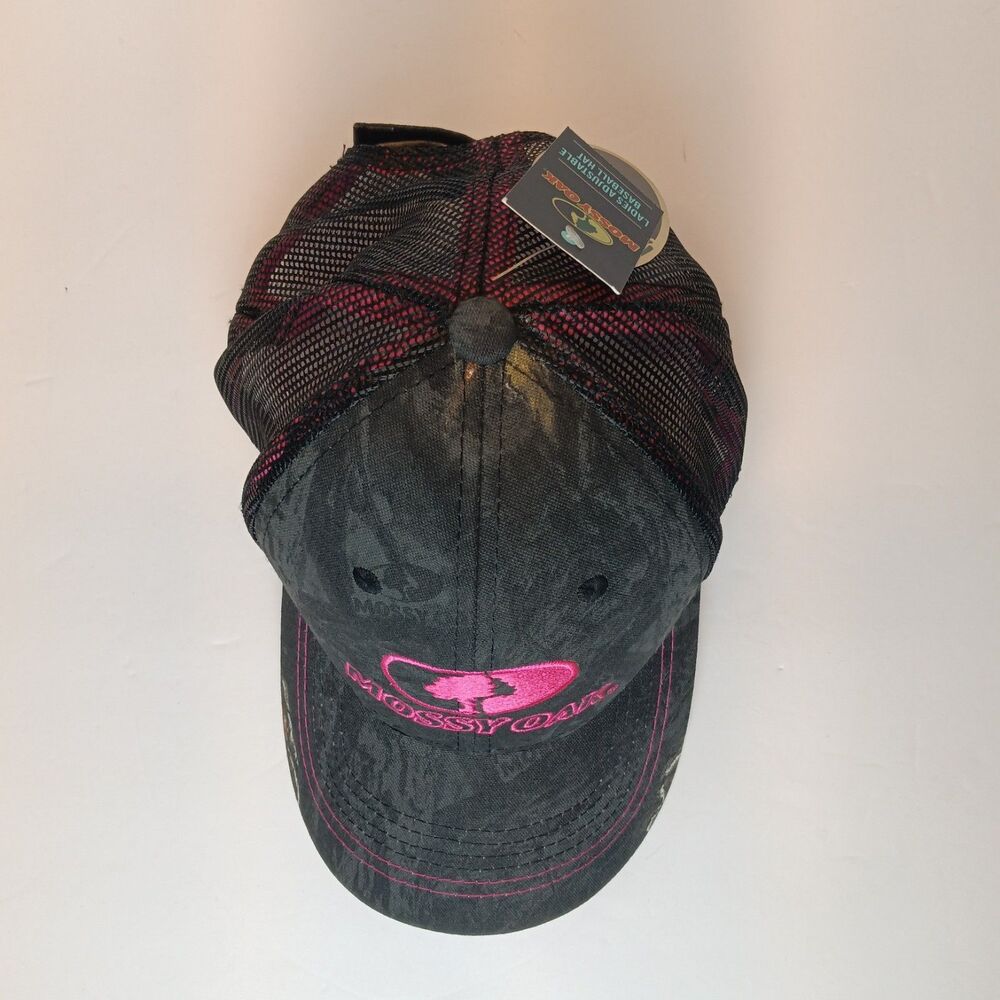 Mossy Oak Hat Cap Strap Back Womens One Size Black Camo Mesh Trucker Pink Logo - Picture 2 of 9
